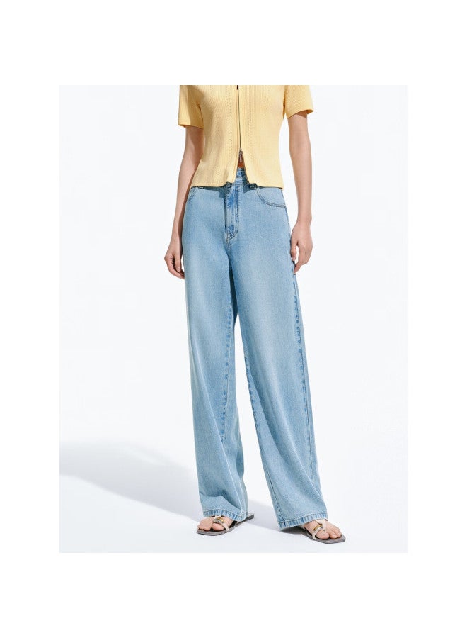 Waxbird Taipingniao Women's Jeans, High-waisted Wide-leg, Summer Loose-fit, Light And Thin, Rhinestone Embellished, Draping Straight-leg, Light Blue Denim, M - Image 1