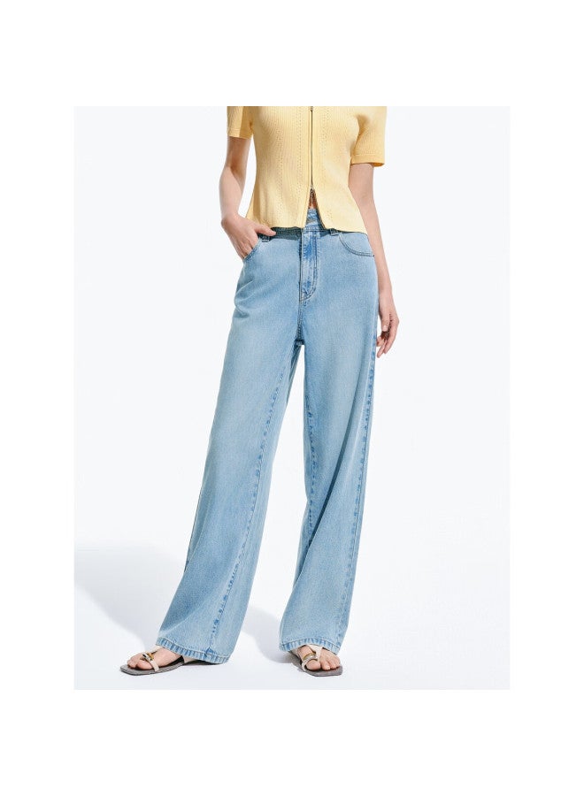 Waxbird Taipingniao Women's Jeans, High-waisted Wide-leg, Summer Loose-fit, Light And Thin, Rhinestone Embellished, Draping Straight-leg, Light Blue Denim, M - Image 2