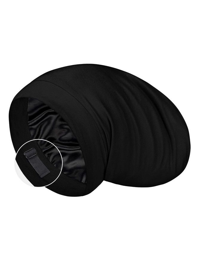 LULUSILK 100% Mulberry Silk Lined Sleep Cap Bonnet For Sleeping No More Frizzy Tangled Hair Stay On All Night Adjustable Silk Hair Wrap For Sleeping Black Pack Of 1 - Image 1