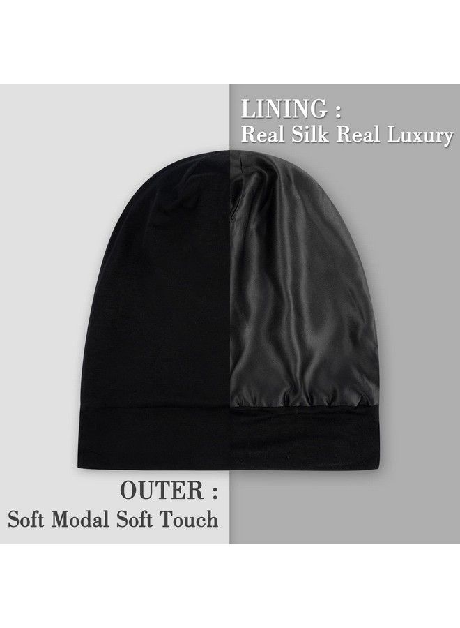 LULUSILK 100% Mulberry Silk Lined Sleep Cap Bonnet For Sleeping No More Frizzy Tangled Hair Stay On All Night Adjustable Silk Hair Wrap For Sleeping Black Pack Of 1 - Image 3