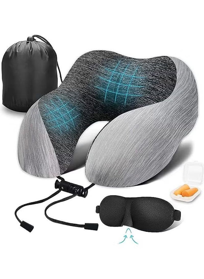 Rock Pow Travel Pillow 100% Memory Foam Pillow, Neck Pillow for Airplane, Neck & Head Support Pillow for Sleeping Rest & Car, Travel Pillows Kit with Storage Bag, Sleep Mask and Earplugs  - Image 1