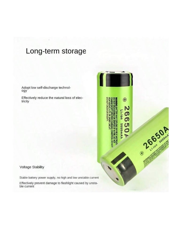 LZD - A rechargeable 26650 lithium-ion battery with a capacity of 5000mAh, rechargeable up to 1200 times. Long-lasting button-top batteries for flashlights, modern glucose meters, modern thermometers, charging fans, toys, and solar-powered surveillance cameras - Image 1