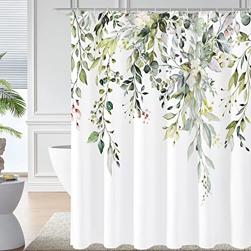 Gibelle Sage Green Eucalyptus Shower Curtain, Watercolor Plant Leaves with Floral Bathroom Decor Waterproof Fabric Shower Curtain Set with Hooks 72x72 Inch White - Image 1