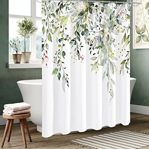 Gibelle Sage Green Eucalyptus Shower Curtain, Watercolor Plant Leaves with Floral Bathroom Decor Waterproof Fabric Shower Curtain Set with Hooks 72x72 Inch White - Image 2