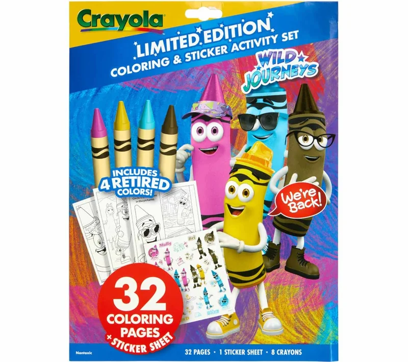 كرايولا Crayola Retired Colors Wild Journeys Coloring & Activity Set – 32 Pages, Classic Retired Crayons & Stickers, Gift for Kids Ages 3+