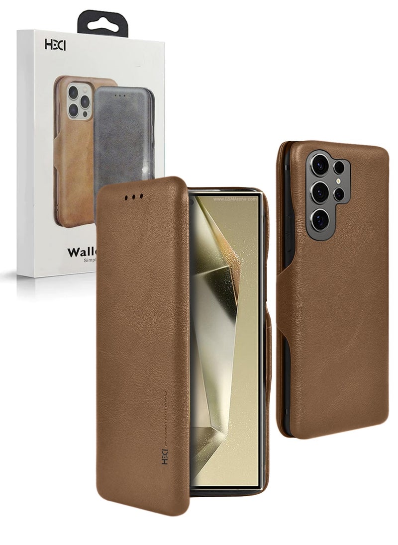HDCI PU Leather Texture Flip Wallet Case Cover For Samsung Galaxy S24 Ultra 5G 2024 Brown  - Image 1