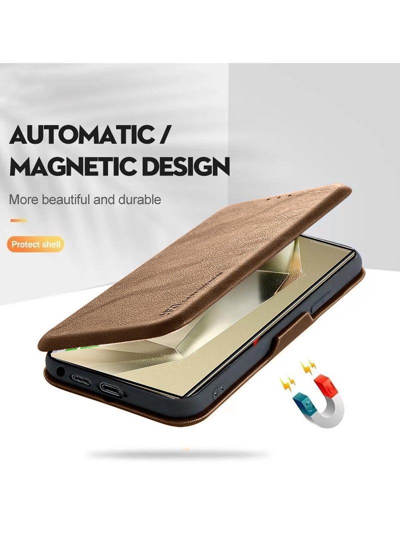 HDCI PU Leather Texture Flip Wallet Case Cover For Samsung Galaxy S24 Ultra 5G 2024 Brown  - Image 4