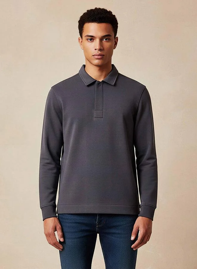 Iconic Iconic Textured Polo Collar Sweater with Long Sleeves