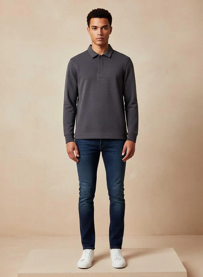 Iconic Iconic Textured Polo Collar Sweater with Long Sleeves