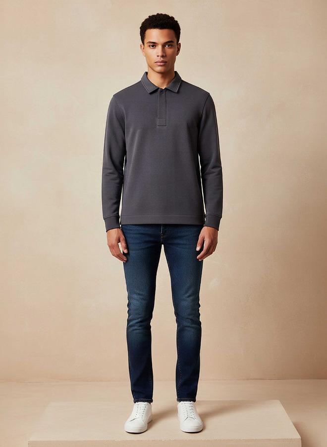 Iconic Textured Polo Collar Sweater with Long Sleeves - Image 2