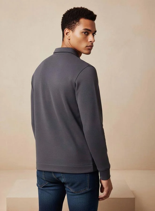 Iconic Iconic Textured Polo Collar Sweater with Long Sleeves