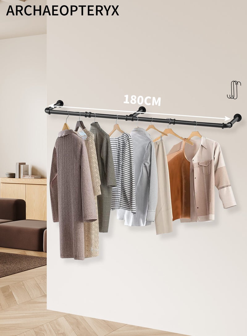 أركايوبتيركس علاقة ملابس مثبتة على الحائط، علاقة أنابيب صناعية، قابلة للإزالة مع 3 خطافات على شكل حرف S، مناسبة لتخزين الملابس بطول 180 سم - Image 1