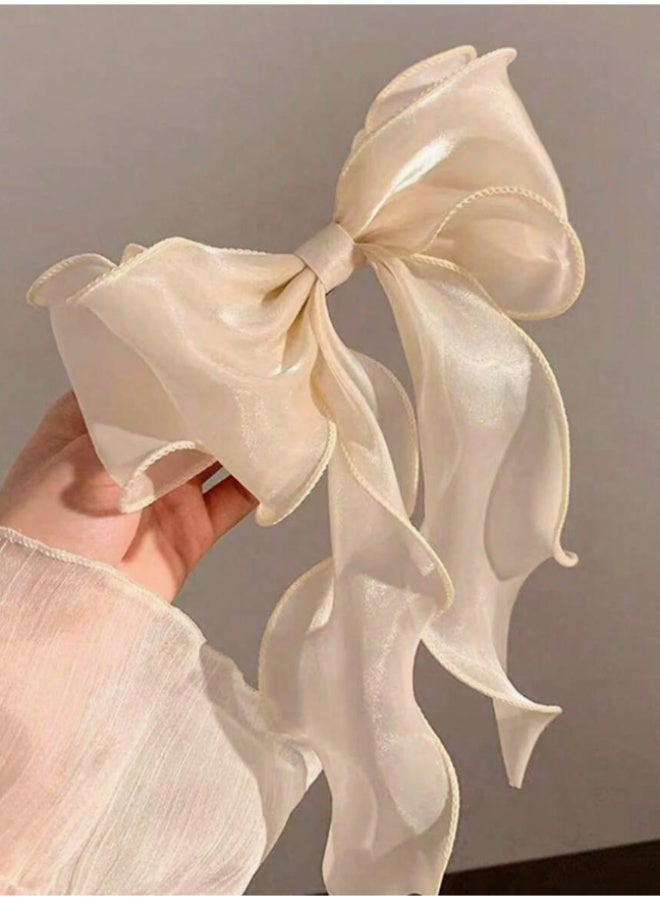 خاجول 2pcs مشبك شعر، مشابك شعر على شكل فيونكة للنساء، مشبك شعر حريري طويل بلون سادة، ،  (وردي+أبيض) - Image 5