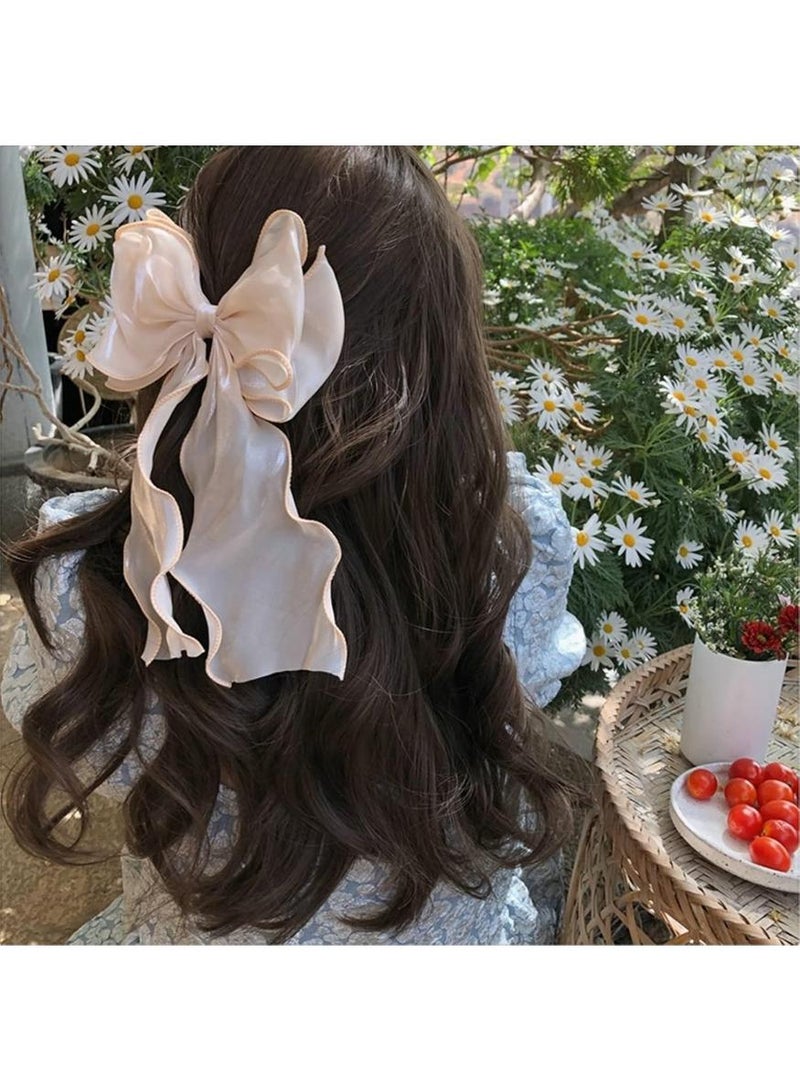 خاجول 2pcs مشبك شعر، مشابك شعر على شكل فيونكة للنساء، مشبك شعر حريري طويل بلون سادة، ،  (وردي+أبيض) - Image 3