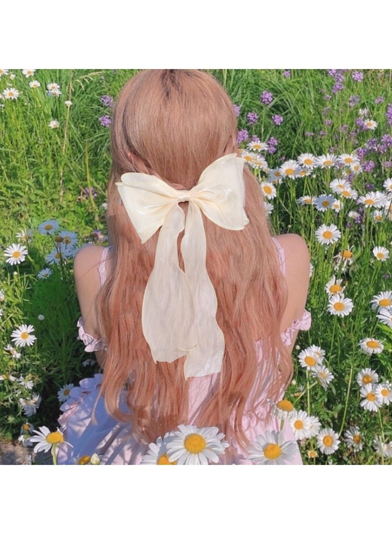 خاجول 2pcs مشبك شعر، مشابك شعر على شكل فيونكة للنساء، مشبك شعر حريري طويل بلون سادة، ،  (وردي+أبيض) - Image 2