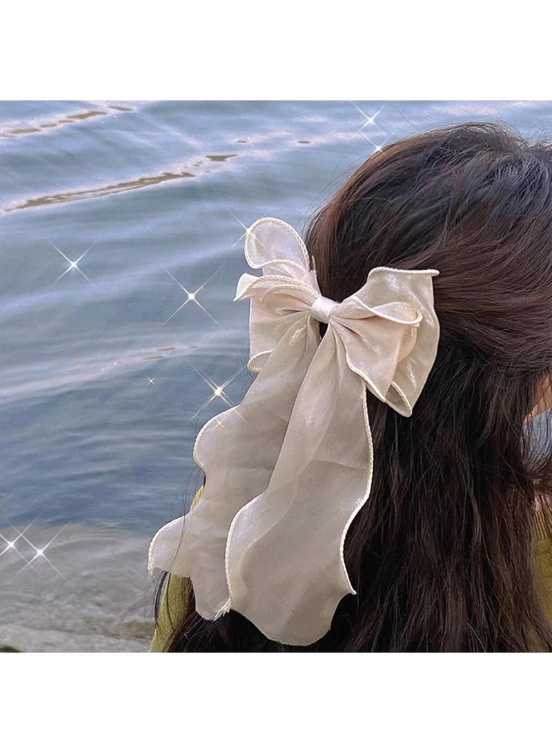 خاجول 2pcs مشبك شعر، مشابك شعر على شكل فيونكة للنساء، مشبك شعر حريري طويل بلون سادة، ،  (وردي+أبيض) - Image 4