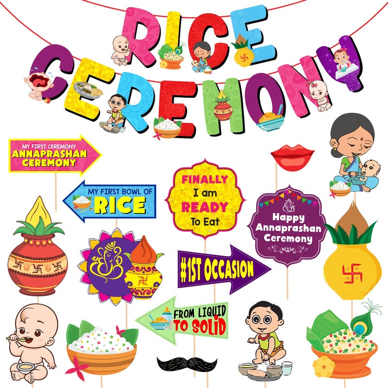 Zyozique 16 Pcs Annaprasanam Photo Booth Props with 1 Set Rice Ceremony Paper Banner/Annaprashan/Rice Ceremony Decorations Items - Image 1