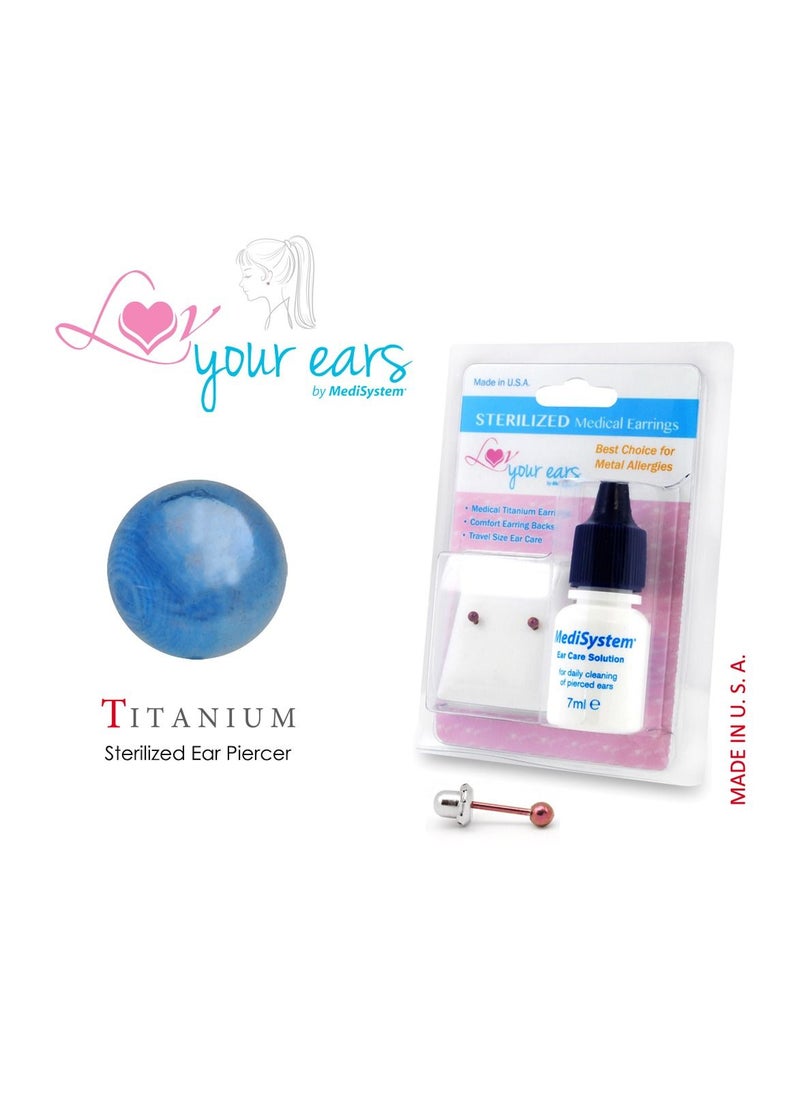 MediSystem Sterilized Medical Earrings Blue Titanium 4mm Ball, Made in USA  - Image 1
