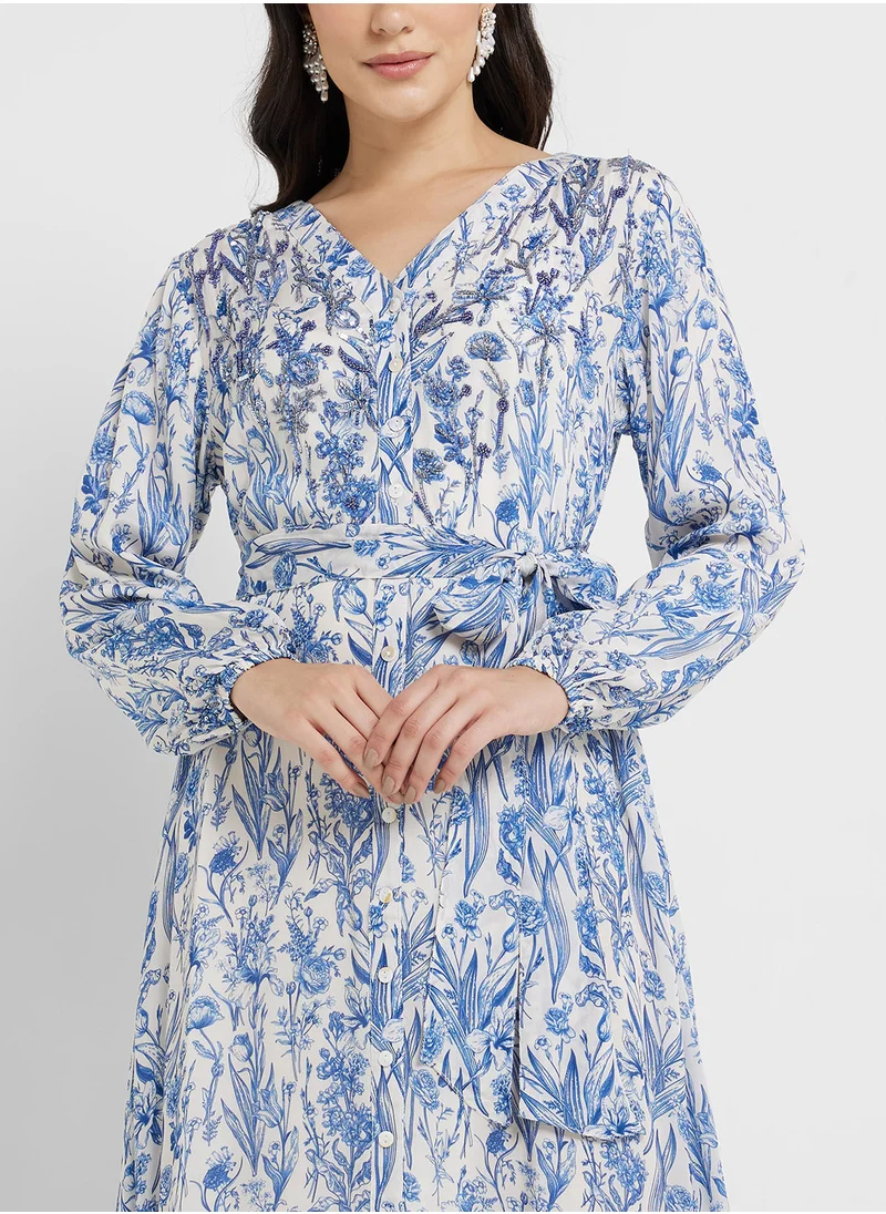 كشخة Viscose Floral Print Shirt Dress with Belt (AM367)