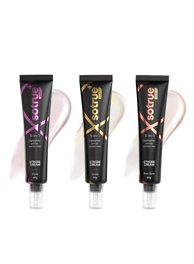 So True Sotrue Strobe Cream, Set of 3, Rose Gold, Pink and Gold, 30g Each, Illuminating Makeup Primer and Highlighter - Image 1
