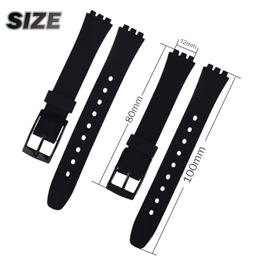 OliBoPo Replacement 12mm Waterproof Silicone Rubber Watch Strap Watch Band for Swatch (12mm, Black) - Image 2