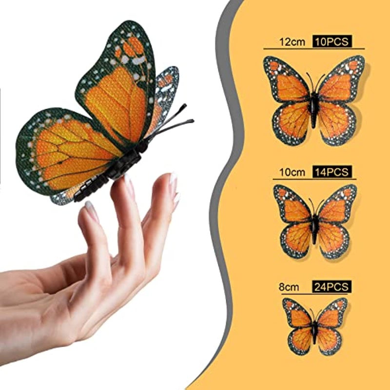Chuangdi Monarch Butterfly Decoration 3 Size Fake Butterflies Realistic Butterfly Crafts Artificial Butterfly Wall Decor for Classroom Home Bedroom Birthday Party Decorations(Orange  100 Pack) - Image 2