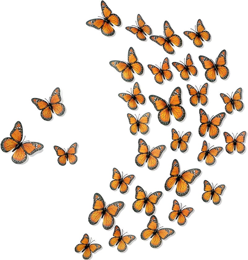 Chuangdi Monarch Butterfly Decoration 3 Size Fake Butterflies Realistic Butterfly Crafts Artificial Butterfly Wall Decor for Classroom Home Bedroom Birthday Party Decorations(Orange  100 Pack) - Image 1