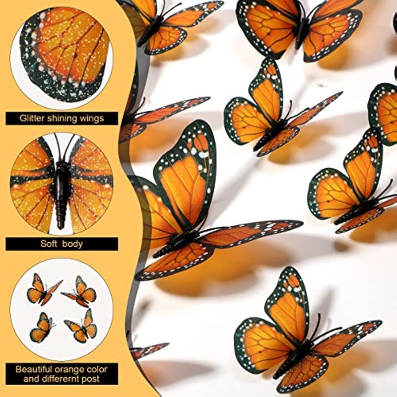 Chuangdi Monarch Butterfly Decoration 3 Size Fake Butterflies Realistic Butterfly Crafts Artificial Butterfly Wall Decor for Classroom Home Bedroom Birthday Party Decorations(Orange  100 Pack) - Image 3