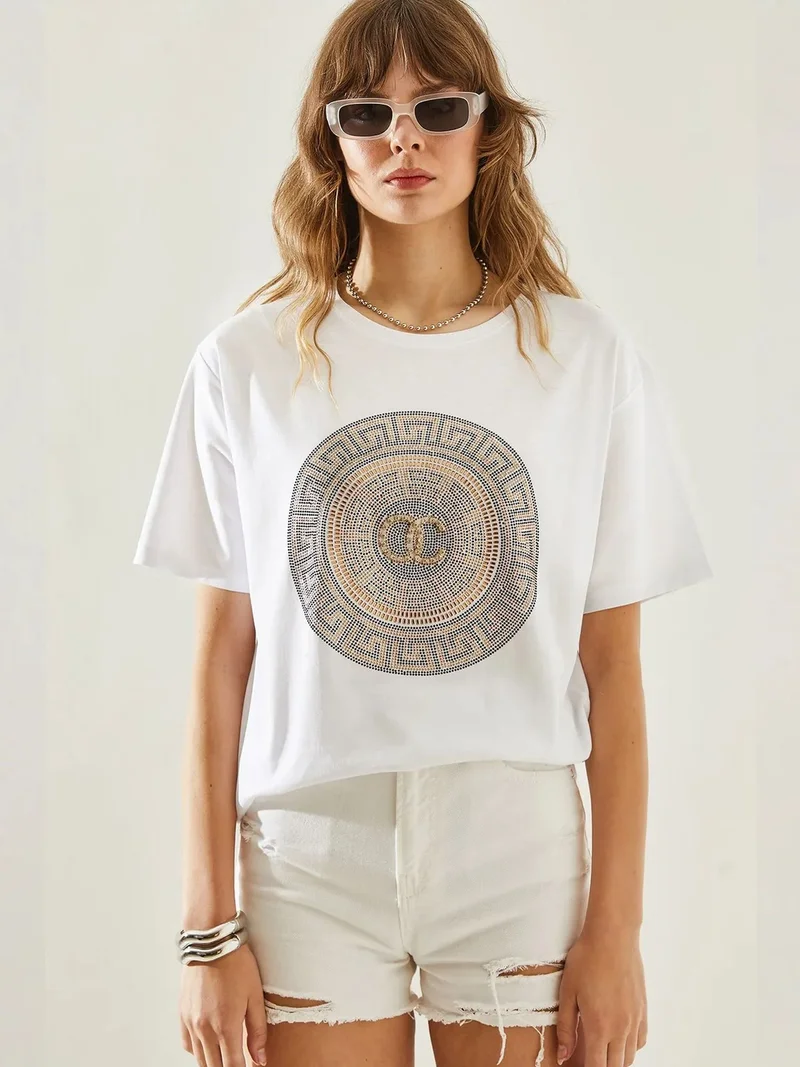 بيانكو لوتشي LUCCI Embroidered Printed Crew Neck T-Shirt