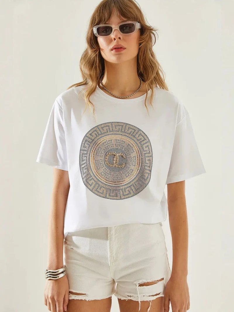 بيانكو لوتشي LUCCI Embroidered Printed Crew Neck T-Shirt