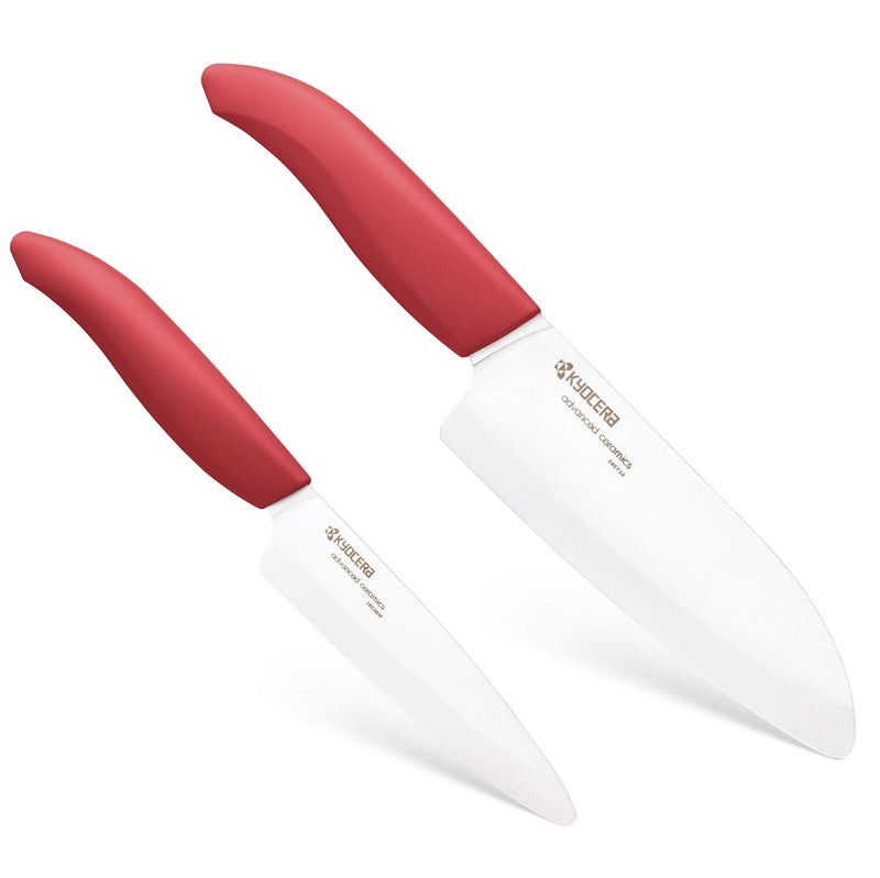 Kyocera Revolution Series 2-Piece Ceramic Knife Set: 5.5-inch Santoku Knife and a 4.5-inch Utility Knife, Red Handles with White Blades - Image 1