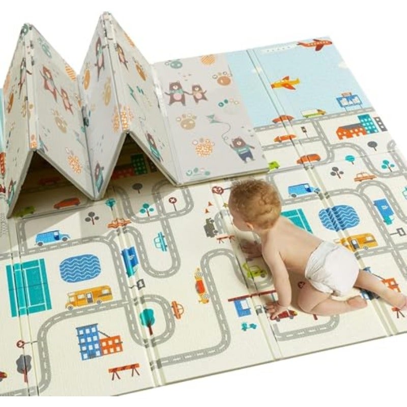 Foldable Baby Play MatFoam Baby Mat for Floor with Storage Bag Waterproof Crawling Mat for Toddlers and Infants Non Slip Playmat for Babies 200 180 1.5CM (Car Deer) - Image 1
