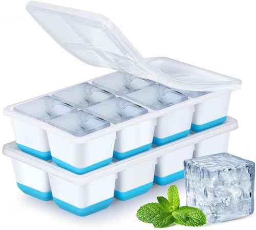 Jrisbo Large Ice Cube Trays with Lid Jrisbo 2 Pack Stackable Silicone Ice Cube Molds for Freezer Easy Release 16 Big Square Ice Trays for Whisky Cocktails Blue - Image 1