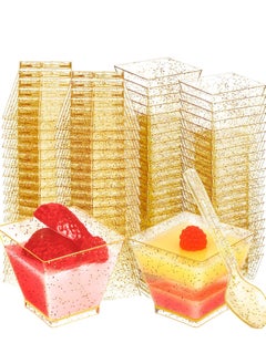 SYOSI Mini Glitter Dessert Cups, Disposable Square Plastic Cake Cups with Spoons Set for Parties Birthday Dinner Party 60ml Small Quartet of Tasting 100pcs (50 + 50 Spoons)  - Image 1