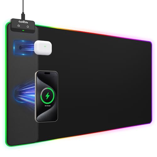 وسادة ماوس للشحن اللاسلكي 15 واط RGB وسادة ألعاب ماوس مع شاحن لاسلكي لـ iPhone و Airpods 315x157 XXL كبيرة سجادة مكتب 13 وضع إضاءة شحن مغناطيسي مقاوم للماء سجادة مكتب للاعبين باللون الأسود