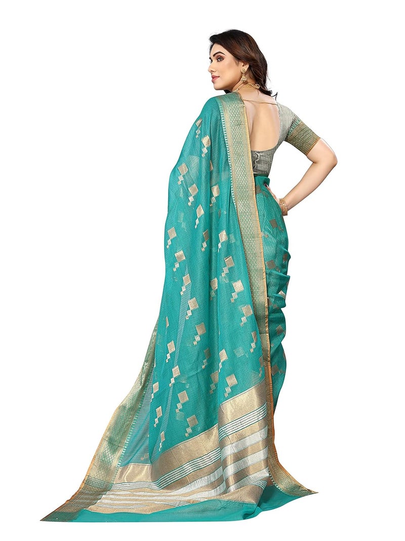 Sidhidata ساري سيدهيداتا النسائي بلون البحر الأخضر من قطن كوتا دوريا مع حافة جاكار وقطعة بلوزة غير مخيطة - Image 2
