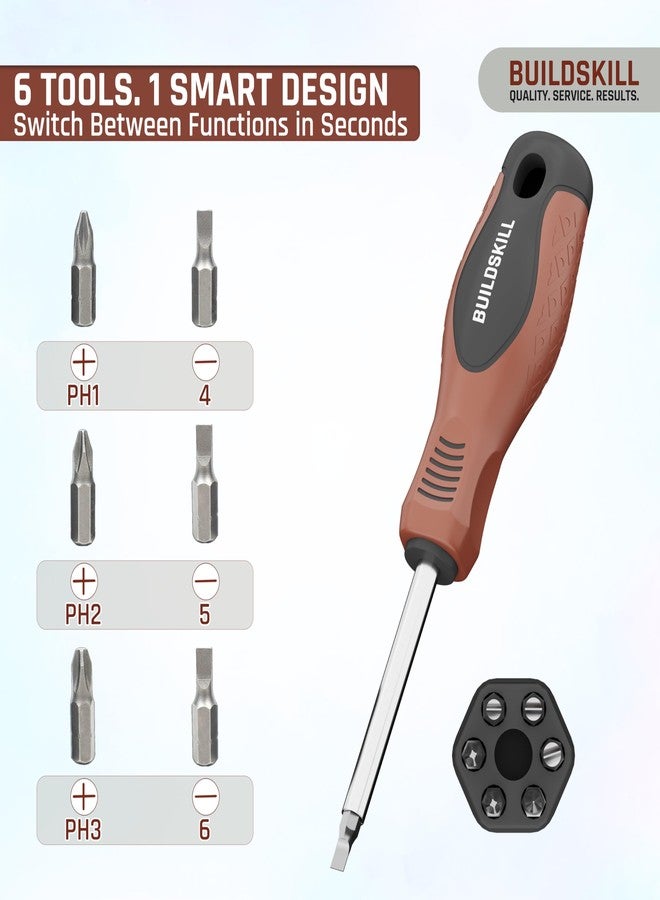 BUILDSKILL 6-in-1 Screwdriver Set with Interchangeable Bits (On Shaft) | Ergonomic Rubber Handle | Compact Screwdriver Kit for Electronics Repair (PH2, SL5, SL6, 6mm, 8mm Socket) - Image 2
