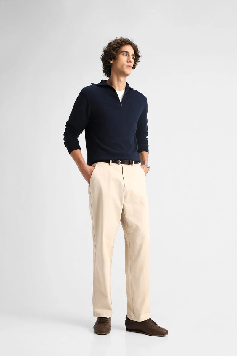 Snitch Beige Stretch Relaxed Fit Trousers for Men | Best Price UAE