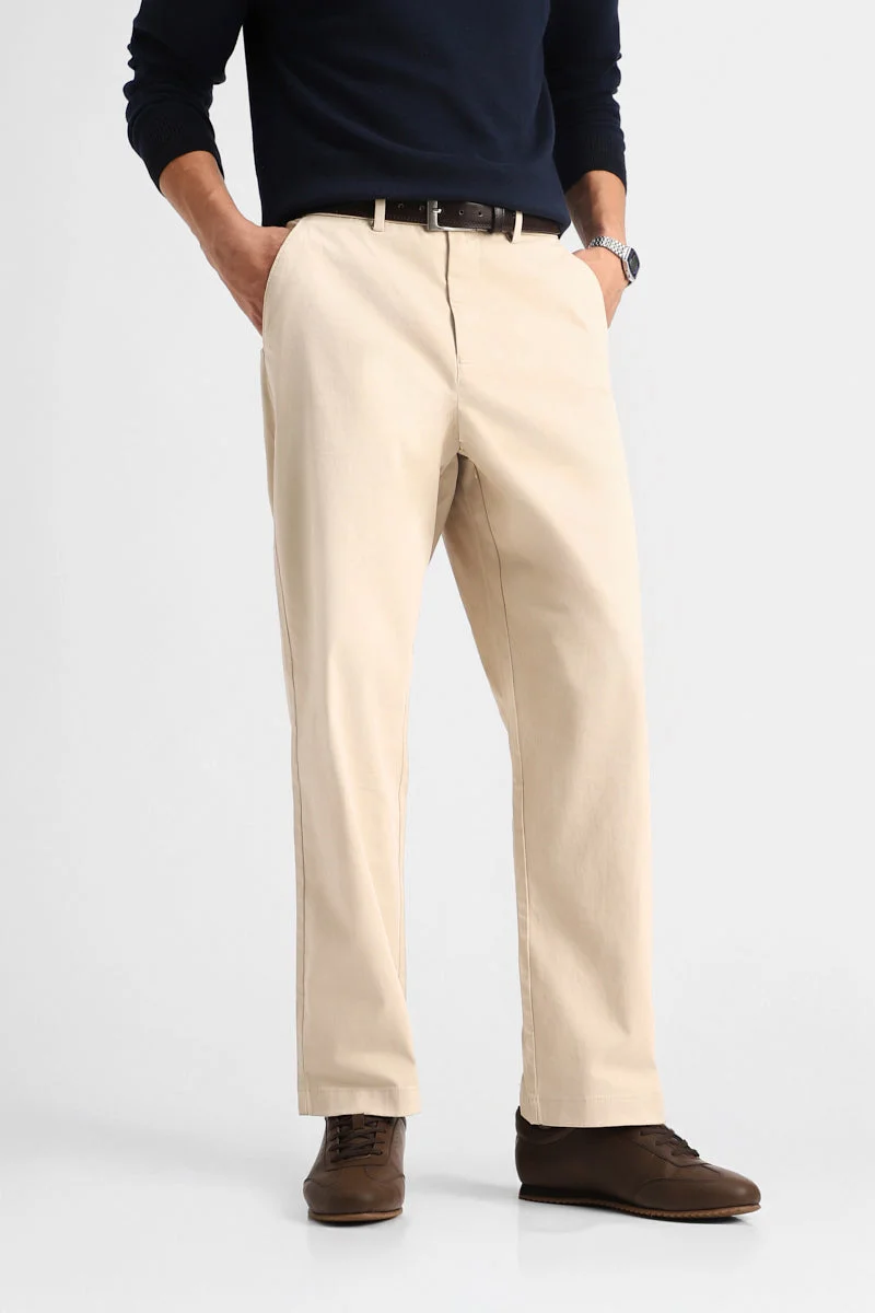 Snitch Beige Stretch Relaxed Fit Trousers for Men | Best Price UAE