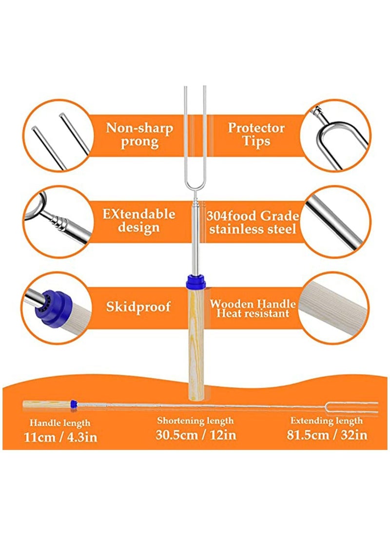 Y&D - Extendable Marshmallow Roasting Sticks - KASTWAVE Set of 8 Telescoping Smores Skewers & Hot Dog Forks with Wooden Handle for Fire Pit Campfire 32 Inch Stainless Steel BBQ Kit Outdoor Camping - Image 1