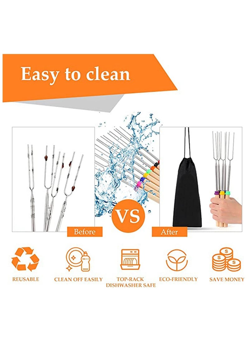 Y&D - Extendable Marshmallow Roasting Sticks - KASTWAVE Set of 8 Telescoping Smores Skewers & Hot Dog Forks with Wooden Handle for Fire Pit Campfire 32 Inch Stainless Steel BBQ Kit Outdoor Camping - Image 1