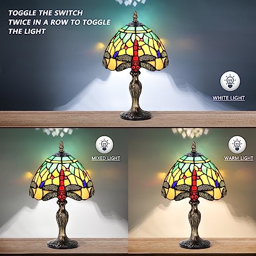 MIAOKE Stained Glass Table Lamp,Stained Glass Crystal Bead Style Table Light,Handmade Desk Bedside Night Light,Antique Art Craft Gifts Living Room Bedroom Bookcase(Green&White Dragonfly) - Image 3