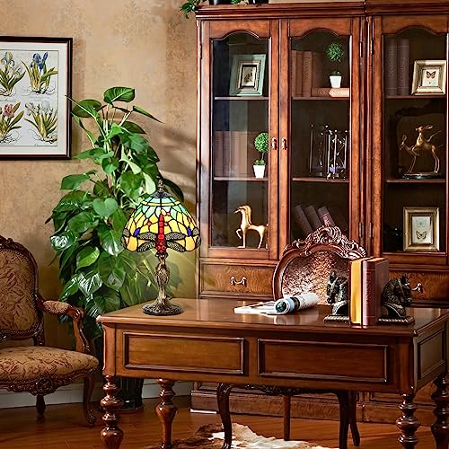 MIAOKE Stained Glass Table Lamp,Stained Glass Crystal Bead Style Table Light,Handmade Desk Bedside Night Light,Antique Art Craft Gifts Living Room Bedroom Bookcase(Green&White Dragonfly) - Image 5