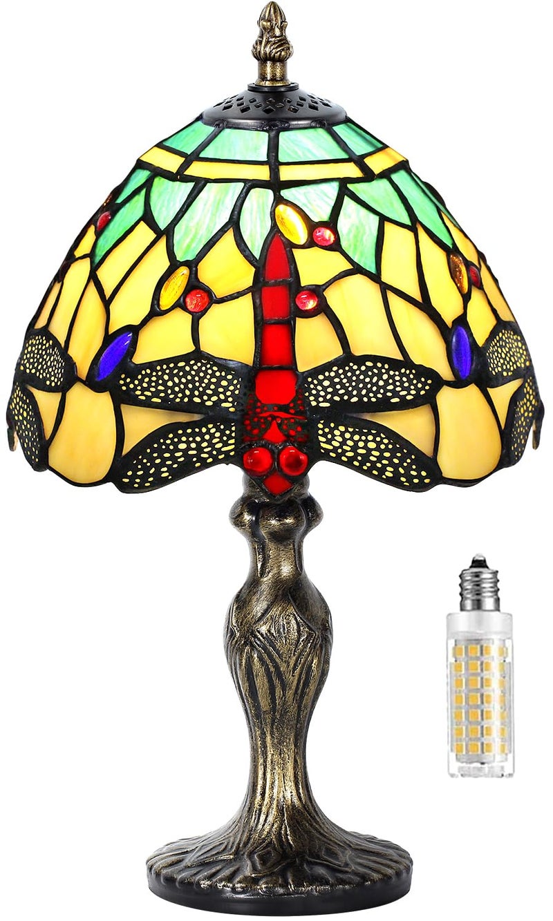 MIAOKE Stained Glass Table Lamp,Stained Glass Crystal Bead Style Table Light,Handmade Desk Bedside Night Light,Antique Art Craft Gifts Living Room Bedroom Bookcase(Green&White Dragonfly) - Image 1
