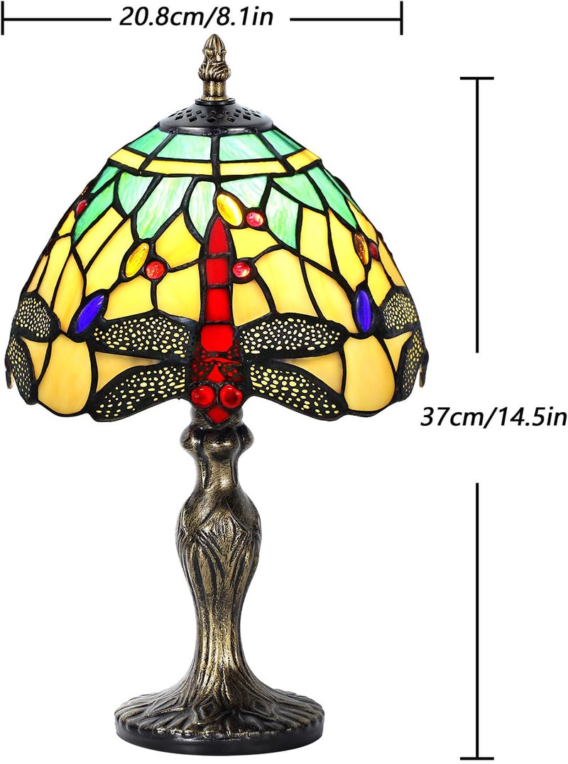MIAOKE Stained Glass Table Lamp,Stained Glass Crystal Bead Style Table Light,Handmade Desk Bedside Night Light,Antique Art Craft Gifts Living Room Bedroom Bookcase(Green&White Dragonfly) - Image 2
