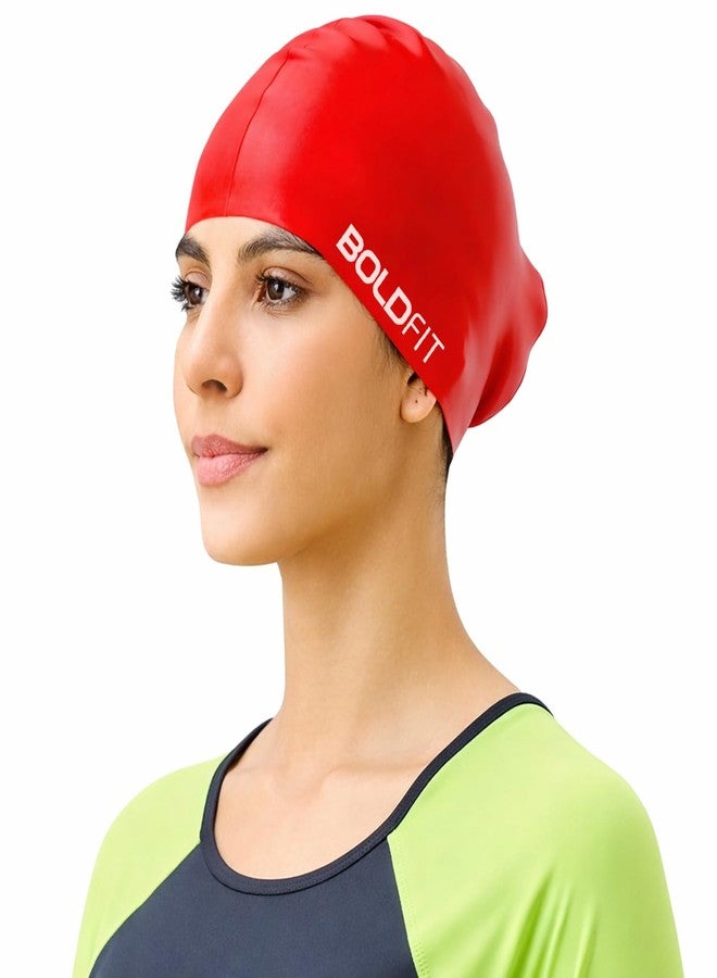 Boldfit Silicone Swim Cap for Women with Long Hair for Dry Swimming. Easy Fit - Red - Image 1