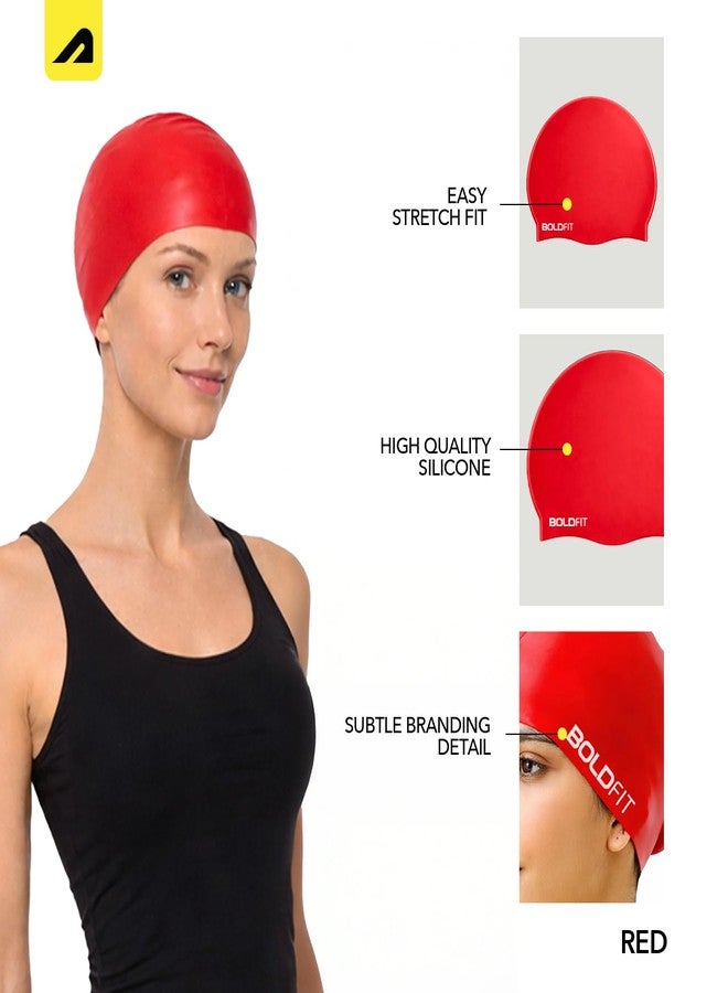 Boldfit Silicone Swim Cap for Women with Long Hair for Dry Swimming. Easy Fit - Red - Image 2