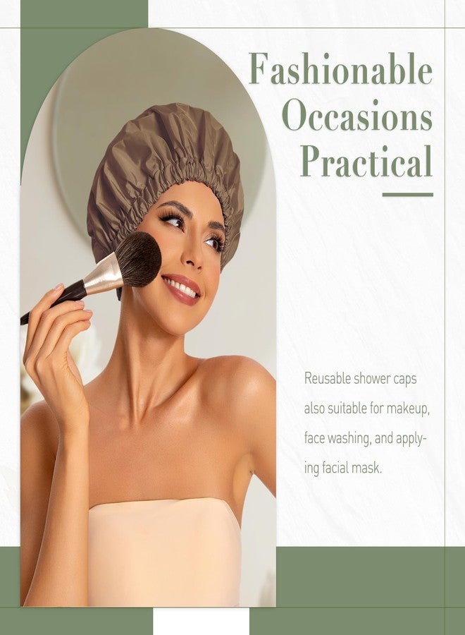 Edoneery Reusable Shower Cap for Women, Large Waterproof Shower Bonnet Washable Elastic Band Bath Accessories Hair Hat for Long Hair, Braids(Brown) - Image 2