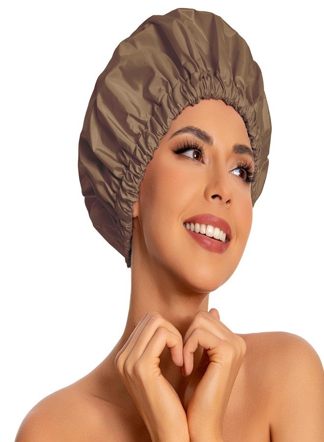 Edoneery Reusable Shower Cap for Women, Large Waterproof Shower Bonnet Washable Elastic Band Bath Accessories Hair Hat for Long Hair, Braids(Brown) - Image 1