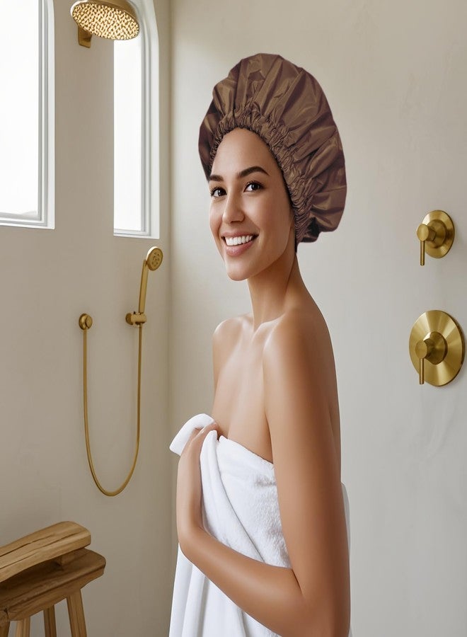Edoneery Reusable Shower Cap for Women, Large Waterproof Shower Bonnet Washable Elastic Band Bath Accessories Hair Hat for Long Hair, Braids(Brown) - Image 4